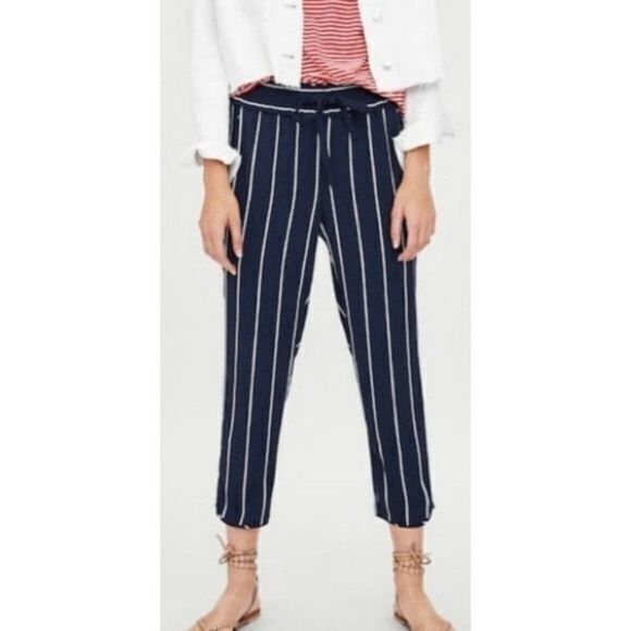Zara TRF Striped Straight Leg Crop Trousers Drawstring Waist Womens Size XS Navy - Picture 1 of 9